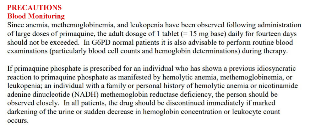 Precauzioni sulla primachina